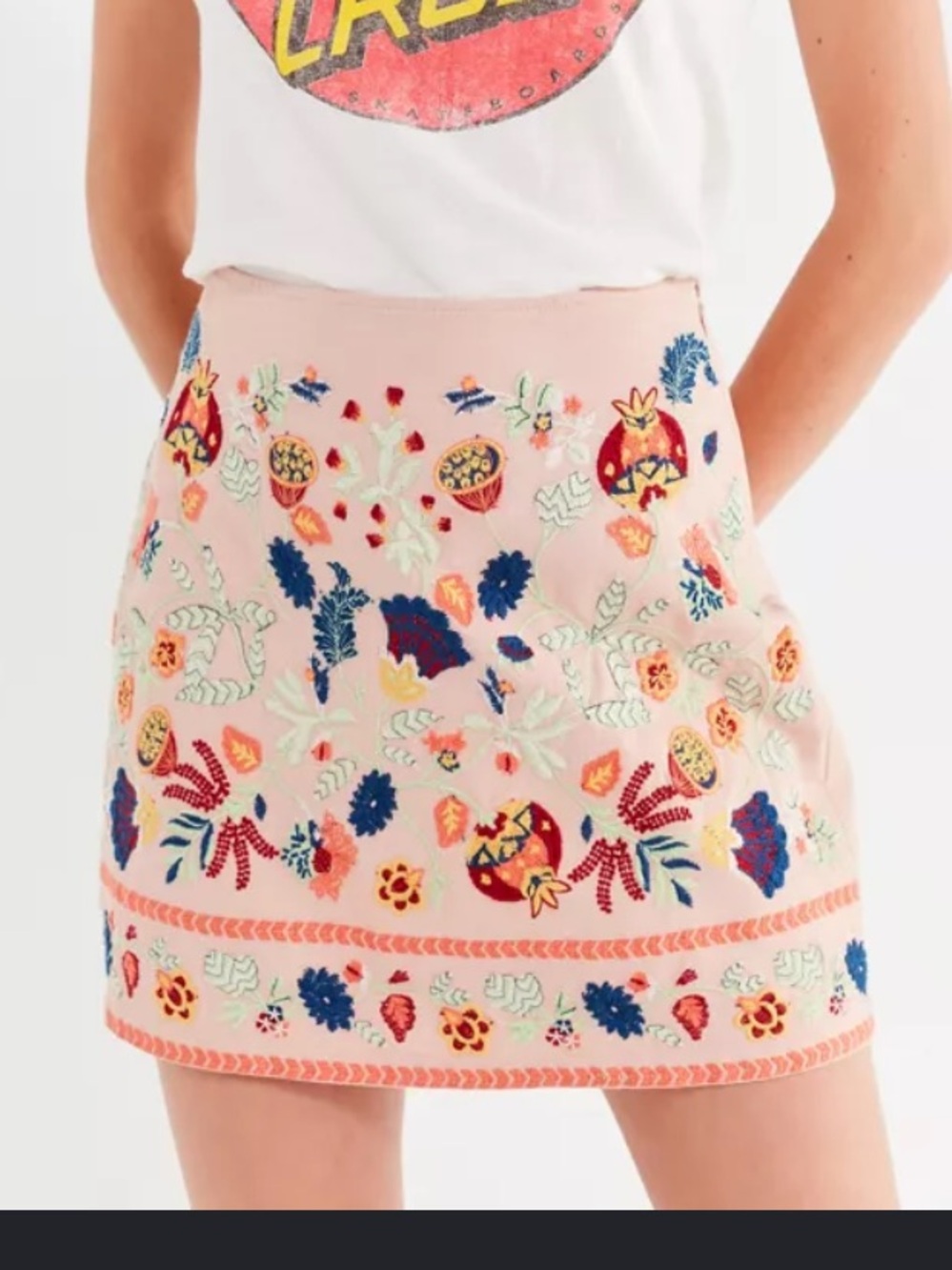 Urban Outfitters 100% Cotton Embroidered Blush Pink Floral Mini Skirt